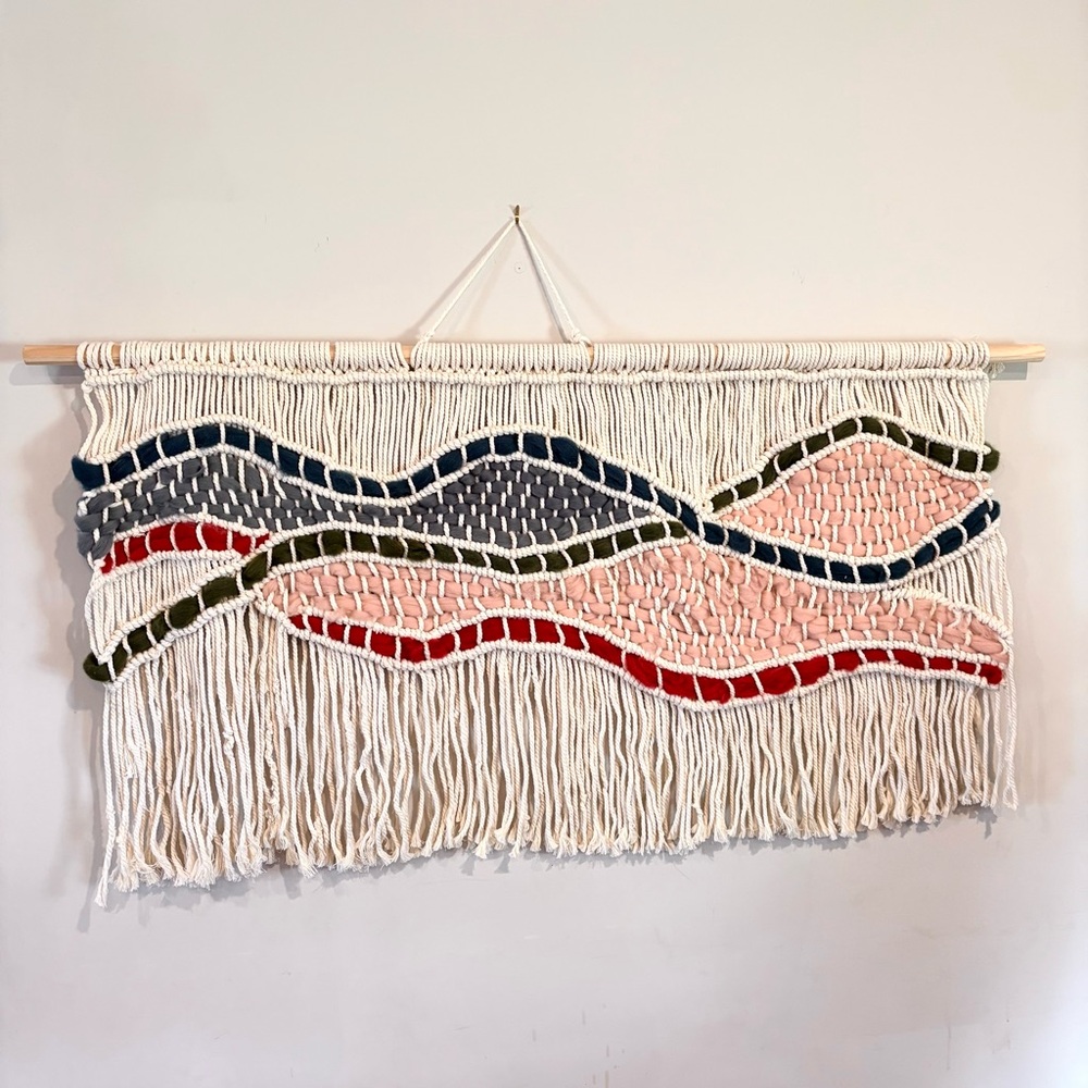 Handmade Cream Macramé Wall Hanging with Pink, Navy, Olive & Red Accents